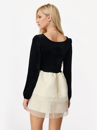 蝶結びのコントラストミニドレス 長袖 スクエアカラー レイヤード バースデーパーティードレス 2025