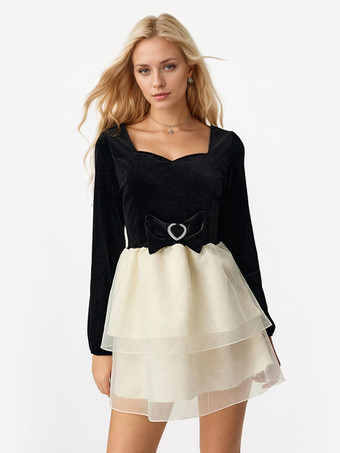 ブラック 蝶結びのコントラストミニドレス 長袖 スクエアカラー レイヤード バースデーパーティードレス 2025