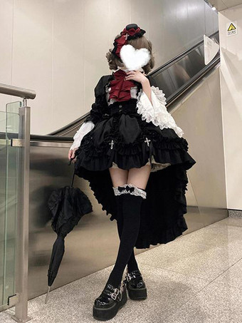 ゴシックロリータ衣装 黒レースリボン 長袖スカート オーバーコート