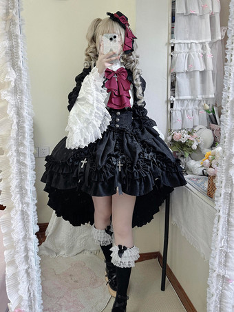 ゴシックロリータ衣装 黒レースリボン 長袖スカート オーバーコート
