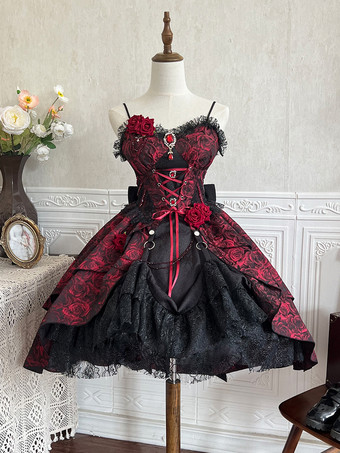   ゴシックロリータドレス レースフラワージャカード バーガンディ ブラック レッド JSK