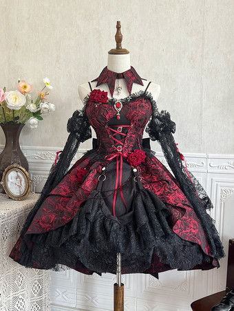   ゴシックロリータドレス レースフラワージャカード バーガンディ ブラック レッド JSK
