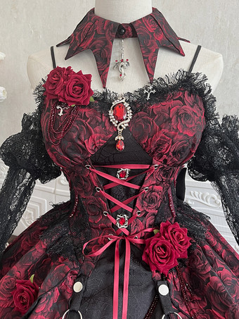   ゴシックロリータドレス レースフラワージャカード バーガンディ ブラック レッド JSK