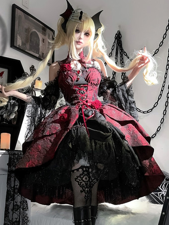   ゴシックロリータドレス レースフラワージャカード バーガンディ ブラック レッド JSK