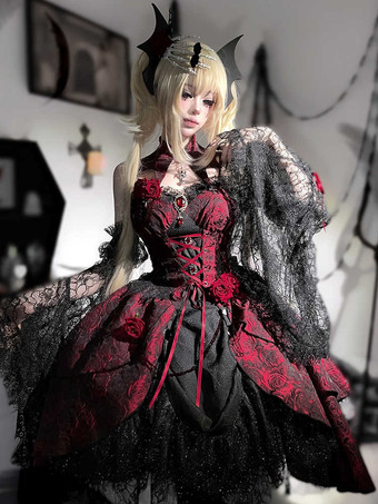   ゴシックロリータドレス レースフラワージャカード バーガンディ ブラック レッド JSK