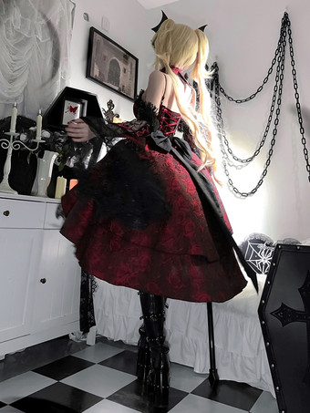   ゴシックロリータドレス レースフラワージャカード バーガンディ ブラック レッド JSK