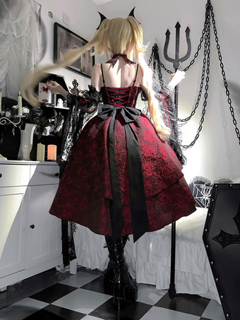   ゴシックロリータドレス レースフラワージャカード バーガンディ ブラック レッド JSK