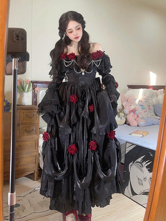 ゴシックロリータドレス フリル ゴシックプリンセスウェディングロリータドレス