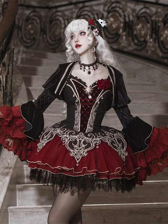   ゴシック ロリータ ドレス レース ローズ フローラル プリント バーガンディ ブラック レッド ロリータ ドレス