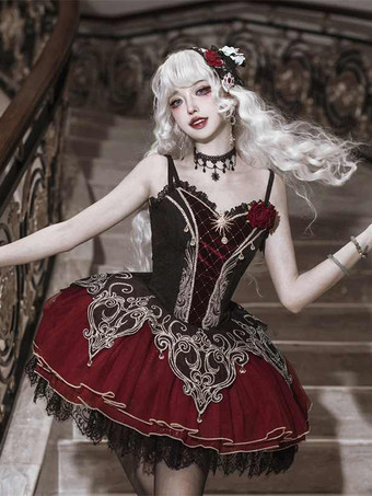   ゴシック ロリータ ドレス レース ローズ フローラル プリント バーガンディ ブラック レッド ロリータ ドレス