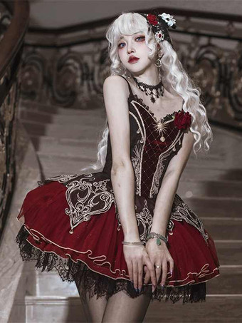   ゴシック ロリータ ドレス レース ローズ フローラル プリント バーガンディ ブラック レッド ロリータ ドレス