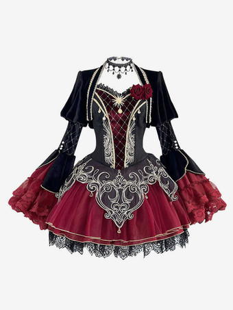   ゴシック ロリータ ドレス レース ローズ フローラル プリント バーガンディ ブラック レッド ロリータ ドレス
