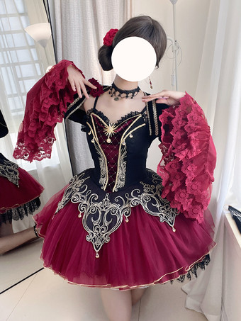   ゴシック ロリータ ドレス レース ローズ フローラル プリント バーガンディ ブラック レッド ロリータ ドレス