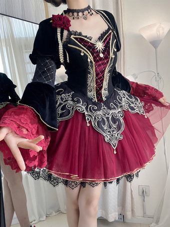   ゴシック ロリータ ドレス レース ローズ フローラル プリント バーガンディ ブラック レッド ロリータ ドレス