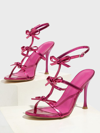 ローズレッドハイヒールサンダル ゴールドリボン ストラップ アンクルストラップ パーティーシューズ