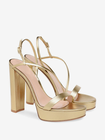 ゴールドハイヒール プラットフォーム オープントゥ チャンキーヒール ストラップ パーティーシューズ