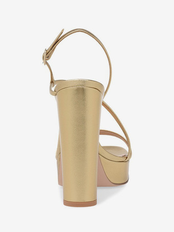 ゴールドハイヒール プラットフォーム オープントゥ チャンキーヒール ストラップ パーティーシューズ