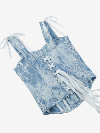 ブルー コルセット トップ ランジェリー シェイプウェア フロントボタン ストラップ ビスチェ