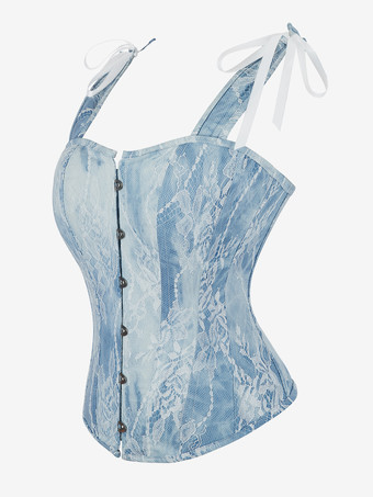 ブルー コルセット トップ ランジェリー シェイプウェア フロントボタン ストラップ ビスチェ