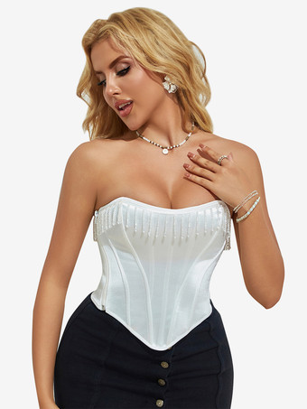 ホワイトコルセット アンダーバスト タッセル バックバンデージ ウェディング レディース ビスチェ トップ