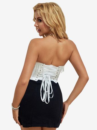 ホワイトコルセット アンダーバスト タッセル バックバンデージ ウェディング レディース ビスチェ トップ