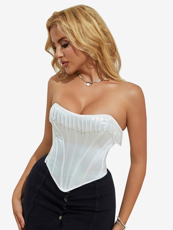 ホワイトコルセット アンダーバスト タッセル バックバンデージ ウェディング レディース ビスチェ トップ