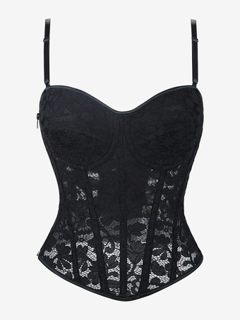 ブラック ビスチェ トップ レース 透明バック バンデージ ストラップ コルセット