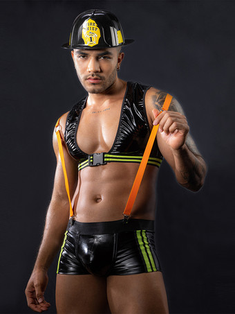 ブラック メンズセクシーコスチューム ファイアーファイター レイブクラブ トップスとパンツ