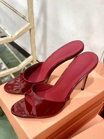 バーガンディ ハイヒール ミュール レディース オープントゥ ハイヒール セクシー サンダル