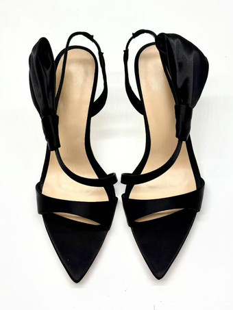 SchwarzSatin High Heel Sandalen mit offener Spitze und Schleife am Riemen Partyschuhe