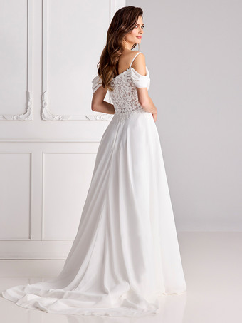 レースのウェディングドレス スウィートハートネック 半袖 トレーン付き シフォン ブライダルドレス