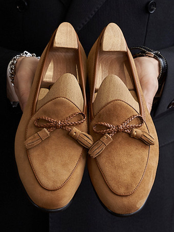 ブラウン メンズ タッセルローファー スエードレザー ボウシューズ