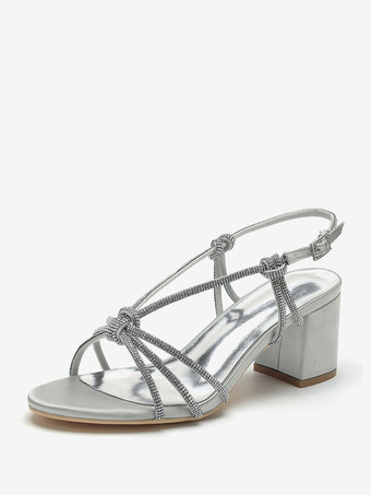 HellgrauWeiße Hochzeitsschuhe mit Blockabsatz und offener Spitze und Strasssteinen