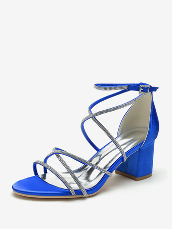 ロイヤルブルーブラックヒールウェディングシューズオープントゥラインストーンストラップブライダルシューズ