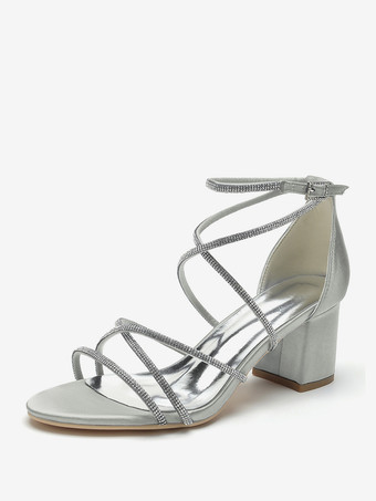 ライトグレーブラックヒールウェディングシューズオープントゥラインストーンストラップブライダルシューズ