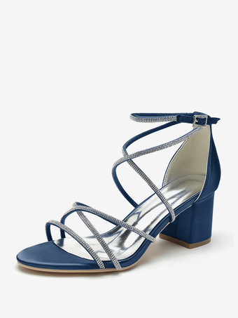 ディープブルーブラックヒールウェディングシューズオープントゥラインストーンストラップブライダルシューズ