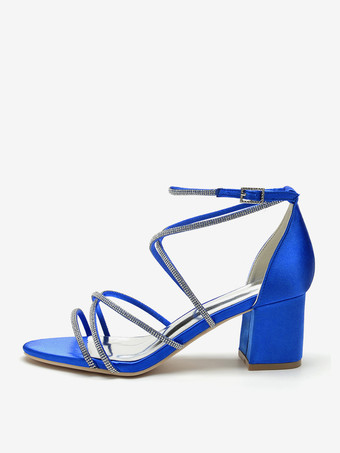 ブラックヒールウェディングシューズオープントゥラインストーンストラップブライダルシューズ