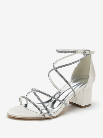 アイボリーブラックヒールウェディングシューズオープントゥラインストーンストラップブライダルシューズ