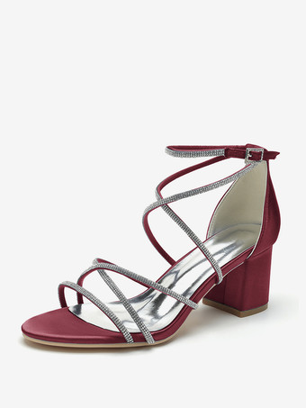 ワインレッド ブラックヒールウェディングシューズオープントゥラインストーンストラップブライダルシューズ