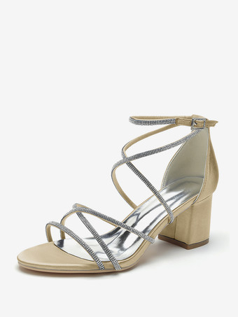 シャンパンカラーブラックヒールウェディングシューズオープントゥラインストーンストラップブライダルシューズ