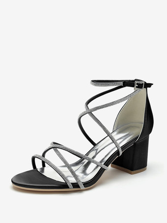 ブラック ブラックヒールウェディングシューズオープントゥラインストーンストラップブライダルシューズ