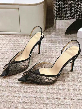 レース パーティーシューズ ピープトゥ ブラック ラインストーン スリングバック ハイヒール パーティーシューズ