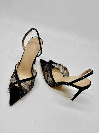 レース パーティーシューズ ピープトゥ ブラック ラインストーン スリングバック ハイヒール パーティーシューズ