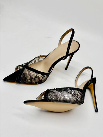 レース パーティーシューズ ピープトゥ ブラック ラインストーン スリングバック ハイヒール パーティーシューズ