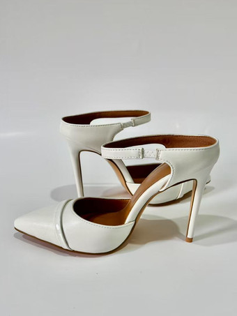 White High Heel Mules Women Pointed Toe Slip On Backless Mules