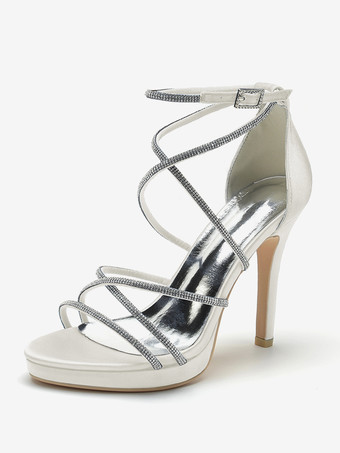 アイボリー ホワイトウェディングシューズ サテンオープントゥ ラインストーン ストラップブライダルシューズ