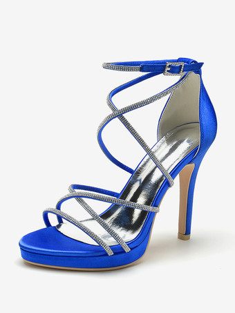 ロイヤルブルーホワイトウェディングシューズ サテンオープントゥ ラインストーン ストラップブライダルシューズ