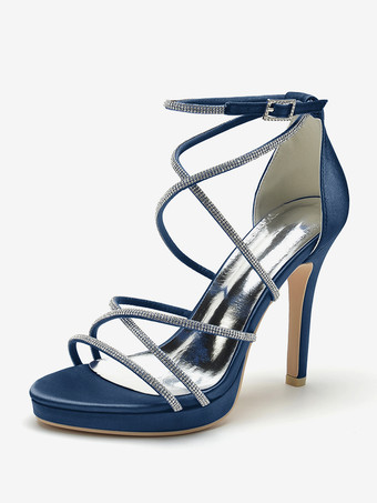 ディープブルーホワイトウェディングシューズ サテンオープントゥ ラインストーン ストラップブライダルシューズ