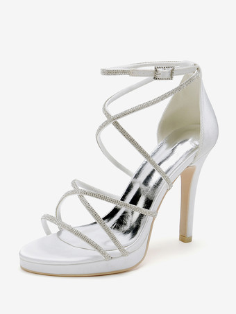 ホワイトウェディングシューズ サテンオープントゥ ラインストーン ストラップブライダルシューズ