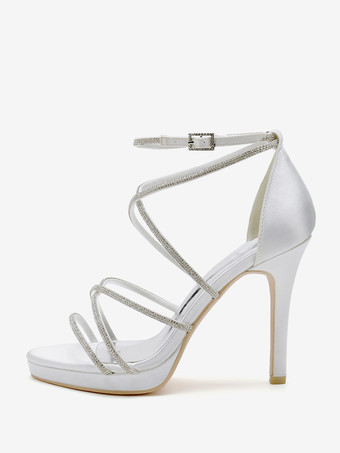 ホワイトウェディングシューズ サテンオープントゥ ラインストーン ストラップブライダルシューズ